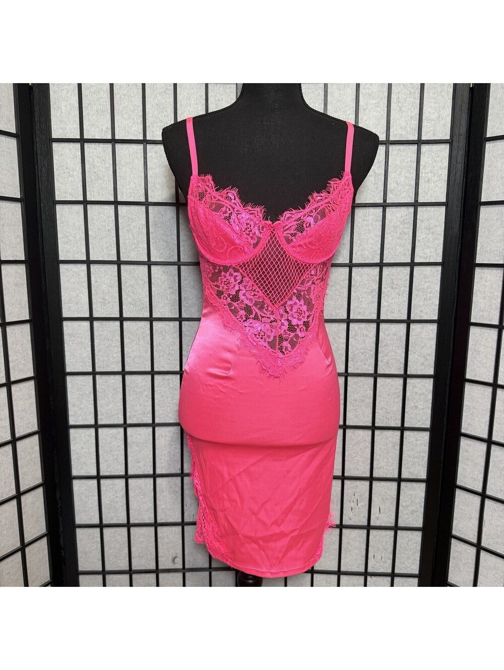 Fashion Nova Hot Pink Satin Lace Fishnet Corset Slip Dress Sz S